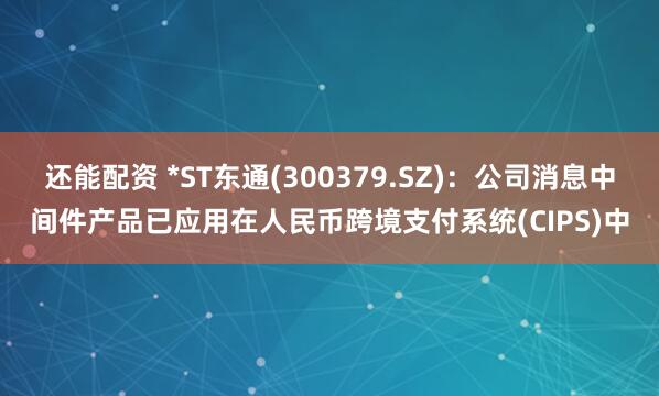 还能配资 *ST东通(300379.SZ)：公司消息中间件产品已应用在人民币跨境支付系统(CIPS)中